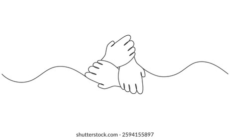 A minimalist continuous line drawing showcases three hands stacked on each other. This image represents unity, connection, and mutual support, making it ideal for conveying themes of teamwork 