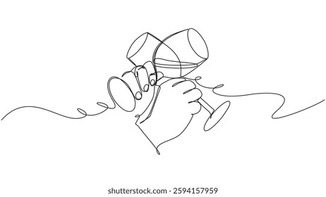 A minimalist continuous line drawing showcases two hands clinking wine glasses, symbolizing celebration, friendship, and togetherness. The elegant and simple design conveys a sense of toast 
