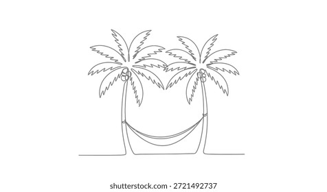 A minimalist continuous line drawing showcases two palm trees with a hammock slung between them, evoking tropical vacation vibes. The single line art creates a simple yet elegant design, perfect for