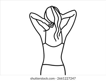 Eine minimalistische, durchgehende Strichzeichnung, die eine weibliche Figur zeigt, die mit den Händen hinter ihr umklammert und in einem sauberen, künstlerischen Stil gerendert ist.