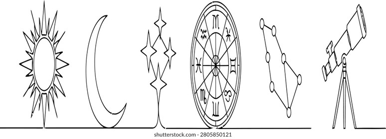 A minimalist continuous line drawing showcasing celestial and astrological elements such as the sun moon stars and a telescope