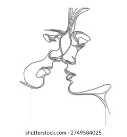 Minimalist continuous line drawing showing profiles of two people about to kiss capturing romantic intimacy through fluid artistic strokes