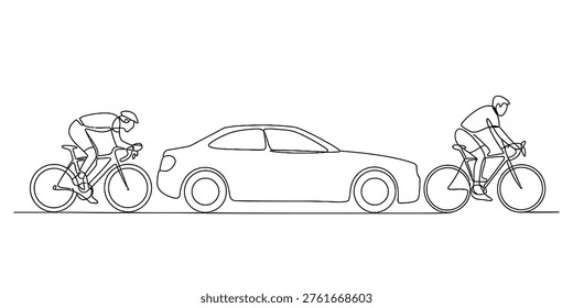 A minimalist continuous line drawing showing two cyclists riding alongside a sleek modern car Vector, illustration