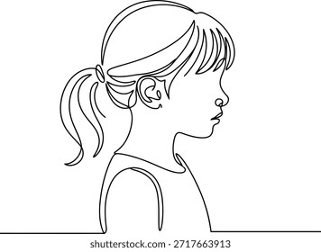 Minimalistische durchgehende Linie Zeichnung zeigt das Profil eines jungen Mädchens mit einem Pferdeschwanz, in einem sauberen, fließenden Stil gerendert.