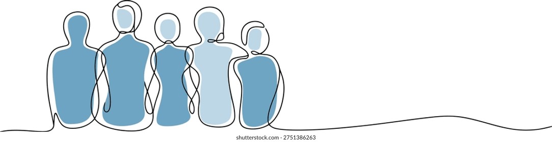 Minimalist continuous line drawing shows a diverse group of five individuals, symbolizing unity, community, and team spirit in blue tones.