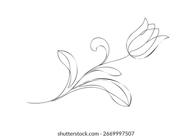 Minimalist continuous line drawing a single tulip with leaves stem Continous line