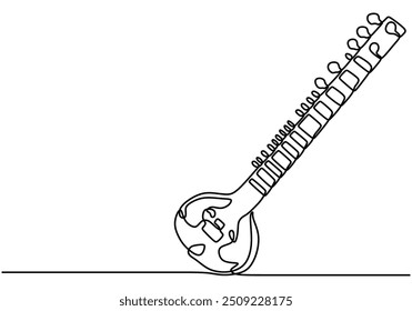 Dibujo lineal continuo minimalista de una Sitar, que representa el instrumento de música tradicional de la India.