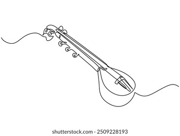 Minimalist continuous line drawing of a Sitar, representing the traditional music instrument from India.