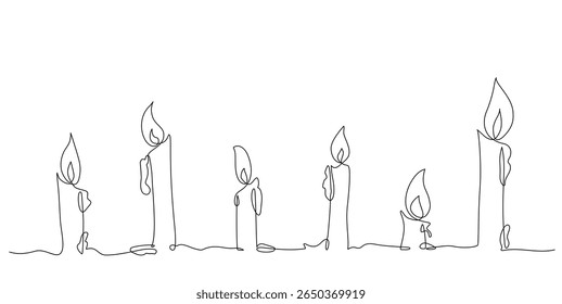 Desenho de linha contínua minimalista de seis velas acesas em várias formas e alturas, simbolizando a luz, a esperança e a passagem do tempo. Ilustração vetorial, Traçado editável