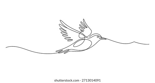 Desenho de linha contínua minimalista de um pequeno pássaro em voo, representado elegantemente sobre um fundo branco. Vetor, ilustração