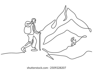 Minimalist continuous line drawing of a solo hiker using a stick on a mountain climb. Showcases a backpacker ascending in a hand-drawn style.