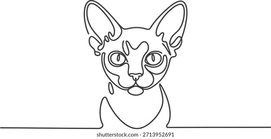 Minimalistische durchgehende Linienzeichnung des Gesichts einer Sphinx-Katze, die ihre charakteristischen Merkmale mit eleganter Schlichtheit zeigt.
