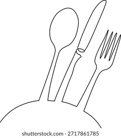 Minimalist continuous line drawing of a spoon, knife, and fork for dining