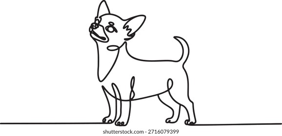 Dibujo de línea continua minimalista de retrato de perro chihuahua de pie Ilustración de mascota doméstica Pequeña Elemento de diseño de estilo de arte moderno de una sola línea para tienda de mascotas o clínica veterinaria Boceto de contorno negro simple