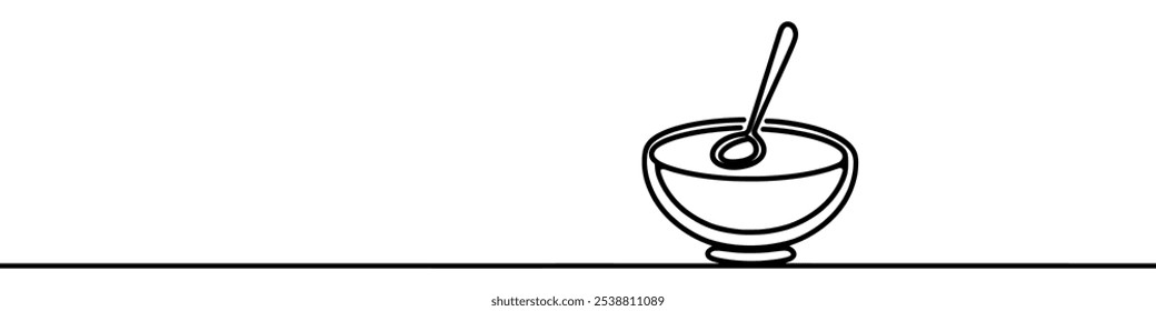 Dibujo de línea continua minimalista de un tazón humeante de sopa, perfecto para representar una comida caliente. Ilustración vectorial.