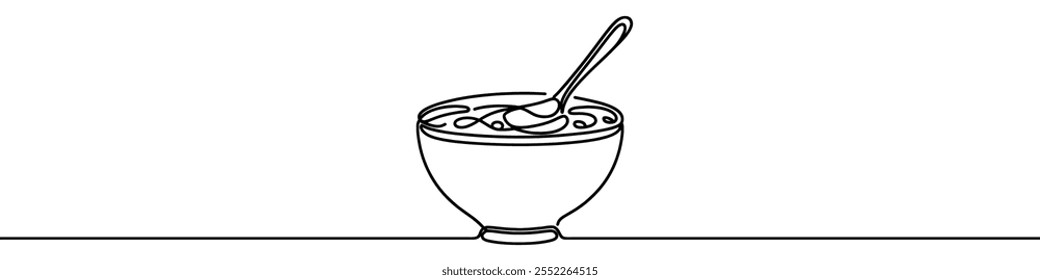 Dibujo de línea continua minimalista de un tazón humeante de sopa, perfecto para representar una comida caliente. Ilustración vectorial.