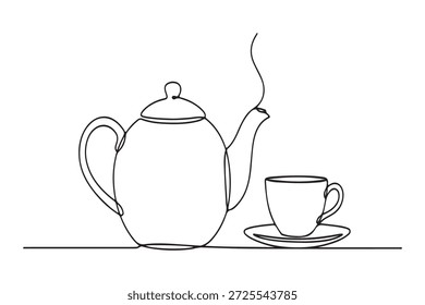 Minimalist Continuous Line Drawing of a Steaming Teapot and Cup on a Saucer coffee