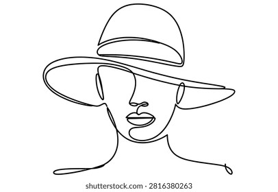 Minimalist continuous line drawing of a stylish woman wearing a large sun hat Vector, illustration