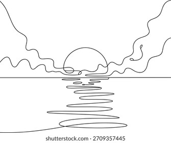 Minimalistische durchgehende Linienzeichnung eines Sonnenuntergangs über Wasser