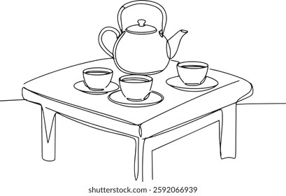 Minimalist Continuous Line Drawing of a Tea Set on a Table with Cups and Teapot