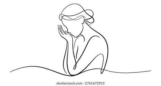Minimalist continuous line drawing of a thoughtful woman resting her head on her hands in repose Vector, illustration