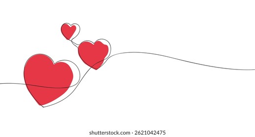 Minimalist continuous line drawing of three red hearts symbolizing love, growth, and emotional connection on white background.
