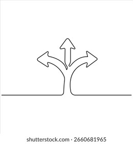Minimalist continuous line drawing of three direction arrows, symbolizing decision making, choices, opportunities, direction, guidance, and business strategy on white background.