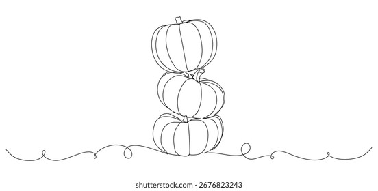 Minimalist continuous line drawing of three stacked pumpkins with curling vines at the base. The simple contour design highlights the natural shape of pumpkins, making it ideal for autumn, harvest