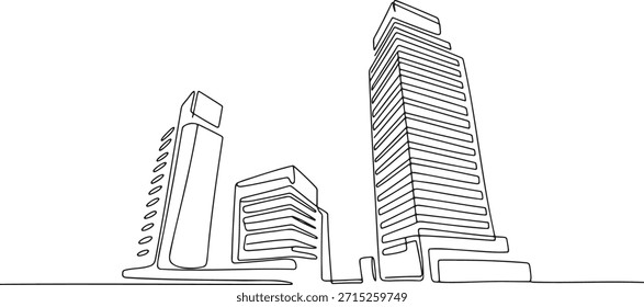 Minimalist continuous line drawing of three modern city buildings. Abstract skyscraper architecture captured in single unbroken stroke. Urban cityscape panorama background illustration. Minimal outline art of contemporary metropolis.
