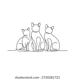 Dibujo de línea continuo minimalista de tres gatos sentados en un estilo simple