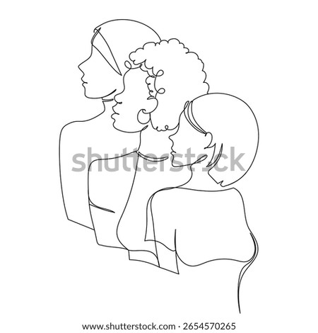 Minimalist continuous line drawing of three diverse women in profile view, abstract female faces illustration on white background. Diversity Concept One Line Women Art. Vector Illustration