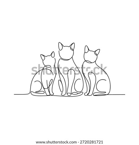 Minimalist continuous line drawing of three seated cats in a simple style
