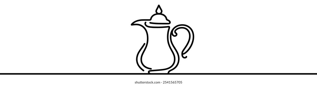  Minimalist continuous line drawing of a traditional arabic dallah coffee pot. Symbolizing hospitality and cultural heritage