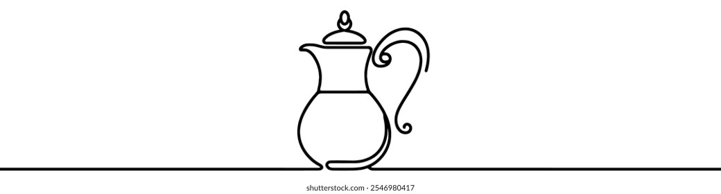 Dibujo de línea continua minimalista de una cafetera tradicional árabe dallah. Simbolizando la hospitalidad y el patrimonio cultural