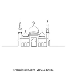 Minimalist continuous line drawing of a traditional islamic mosque featuring iconic domes and tall minarets created as a simple black and white vector illustration for religious or cultural design projects