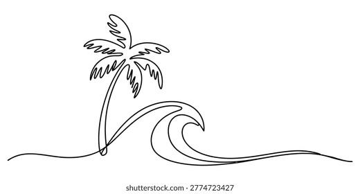 Minimalist continuous line drawing of a tropical palm tree and a rolling ocean sea wave for beach vacation and summer travel design Vector, illustration