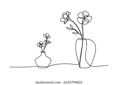 Minimalist continuous line drawing of two vases with delicate floral arrangements