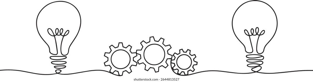 Minimalist continuous line drawing of two light bulbs connected by three interlocking gears on white background

