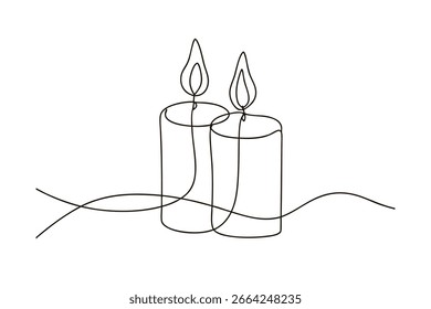 Minimalist continuous line drawing two lit candles with wavy base light flame