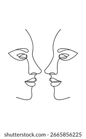 Minimalist continuous line drawing two faces in profile facing each other Single line drawing