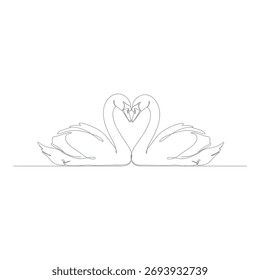 A minimalist, continuous line drawing of two swans gracefully forming a heart shape.