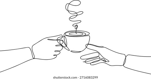 Minimalist continuous line drawing of two pairs of hands jointly holding a hot beverage cup releasing steam. Concept representing friendship sharing or coffee break moment.