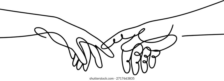 Minimalist continuous line drawing of two hands interlocking pinky fingers, representing a promise, friendship, and strong bond.