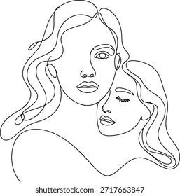 Dibujo lineal continuo minimalista de dos mujeres, una con los ojos abiertos y otra con los ojos cerrados, mostrando conexión e intimidad.