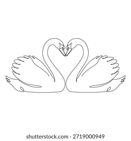 Desenho de linha contínua minimalista de dois cisnes elegantes de frente um para o outro com seus pescoços formando uma forma de coração, simbolizando amor, unidade e devoção eterna em um estilo limpo preto e branco