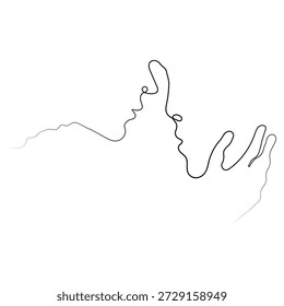 Dibujo lineal continuo minimalista de dos caras en perfil compartiendo un beso aislado sobre un fondo transparente