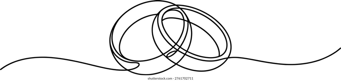 Minimalist continuous line drawing of two interlocking wedding rings on a plain white background Vector, illustration