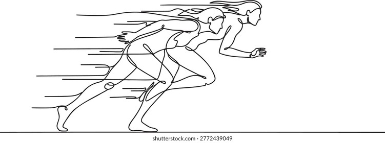Minimalist continuous line drawing of two people running fast with dynamic speed lines indicating rapid movement. one line illustration captures energy of marathon or sprint race showing competitive spirit. simple black outline depicts athletic motion and endurance in modern artistic style for sports.