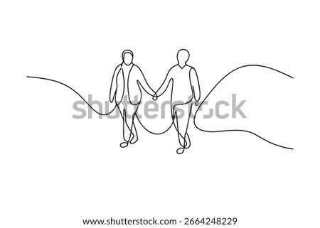 Minimalist continuous line drawing two people holding hands walking single