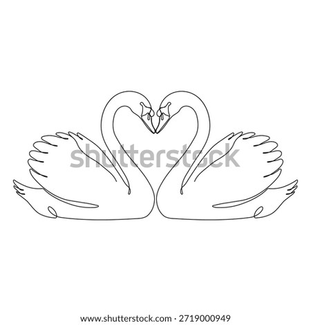 Minimalist continuous line drawing of two elegant swans facing each other with their necks forming a heart shape, symbolizing love, unity, and eternal devotion in a clean black and white style